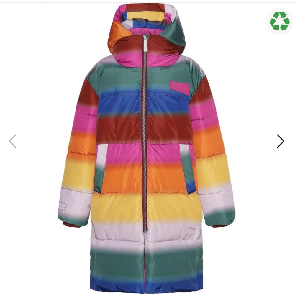 $300 EUC Molo Winter Puffer Coat Jacket girls size 116 6-7 Zip Closure Hood Long